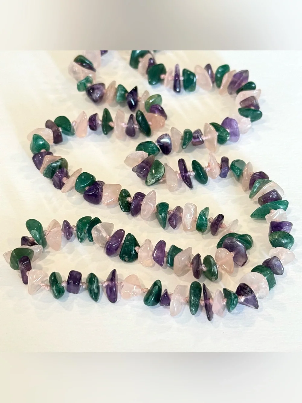 Jade Amethyst Rose Quartz Hand Knotted Necklace Vintage Estate Stone Purple Pink